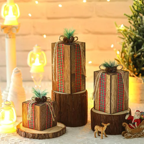 Vista 2 de Amyhill 3 piezas de caja de regalo de madera de Navidad, decoración de cuadros de Navidad, centros de mesa, regalos de madera rústica, decoración