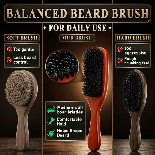 Vista 6 de Cepillo de barba para hombre con mango – Cepillo de barba de cerdas de jabalí suave para hombres, diseño de madera de 9 pulgadas para barbas