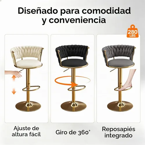 Vista 4 de Juego de 2 taburetes de bar de terciopelo, taburetes giratorios de altura de mostrador con respaldo tejido, taburetes de bar de altura ajustable