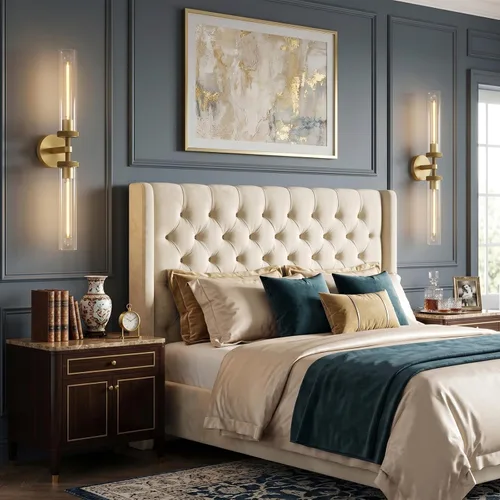 Vista 8 de Lámparas de Pared de Latón Dorado de 2 Luces con Textura Estriada, Lámparas de Pared de Vidrio Doble de 30 Pulgadas, Lámparas de Pared para Tocador