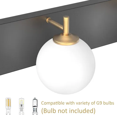 Vista 4 de Aipsun Lámpara de tocador de baño moderna de mediados de siglo, 3 luces, pantallas de vidrio blanco lechoso, lámpara de baño negro/dorado