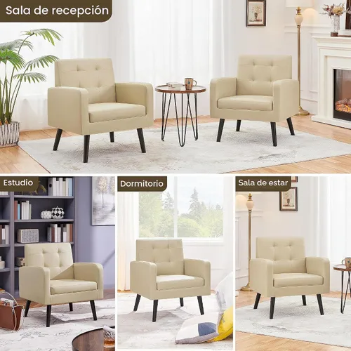 Vista 5 de Yaheetech - Sillas de acento de mediados de siglo, silla moderna tapizada de piel sintética para sala de estar, sillón acogedor con respaldo Beige