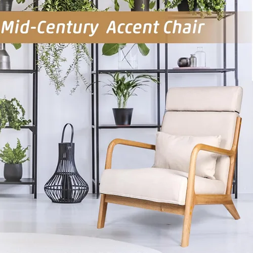 Vista 6 de Silla de sala de estar moderna de mediados de siglo con reposacabezas extensible, sofá individual, silla con marco de madera, silla de lectura