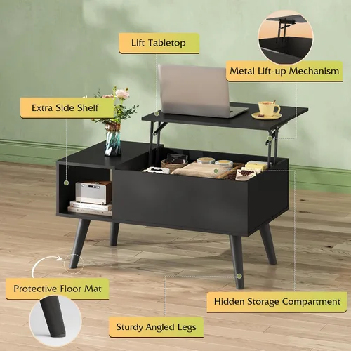 Vista 6 de WLIVE Mesa de Centro para Sala de Estar, Mesa de Centro Pequeña con Almacenamiento, Mesa Central de Comedor de Madera Moderna con Tapa Elevable
