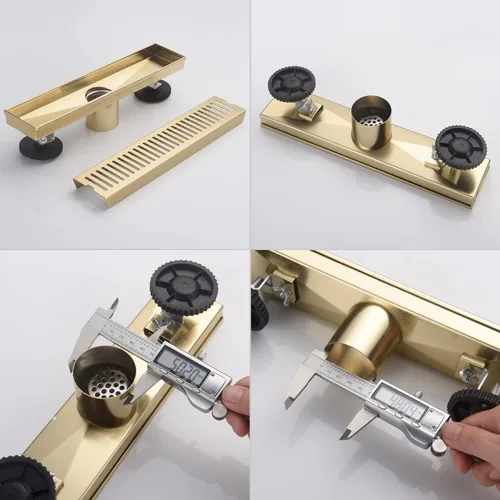 Vista 7 de Desagüe lineal de ducha dorado cepillado de 12 pulgadas, rejilla rectangular extraíble con patrón de cápsula de drenaje de ducha con adaptador