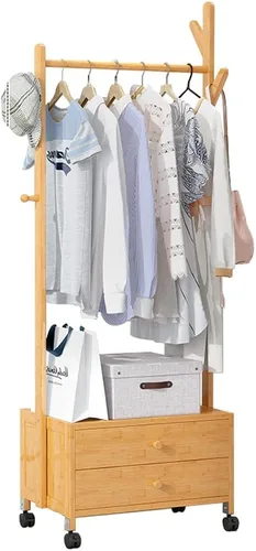 Vista 8 de Perchero independiente resistente, perchero de bambú con ruedas, ideal para almacenamiento de ropa de dormitorio