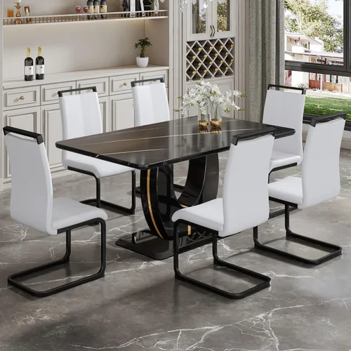 Vista 17 de JUFU Moderno juego de mesa de cocina y comedor, mesa rectangular con parte superior de mármol sintético, 63 pulgadas, color negro, 4 sillas