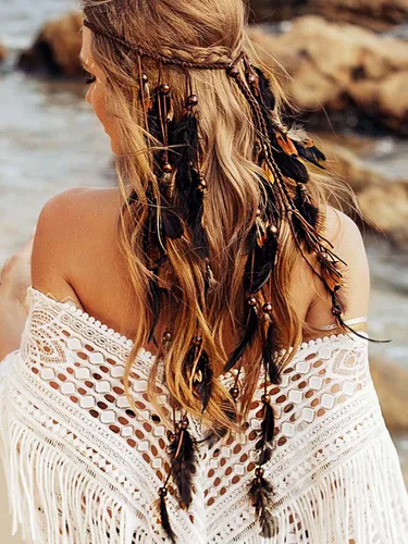 Vista 7 de CAKURE Diadema de plumas bohemia, tocado hippie negro, tocado indio, accesorios para el cabello de plumas para mujeres y niñas (tipo A)