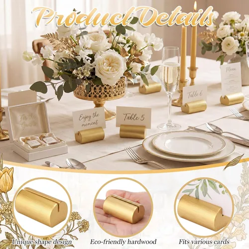Vista 5 de Ripeng 24 soportes dorados para números de mesa, soporte de madera para tarjetas de lugar, mini soporte de mesa para boda, Navidad, vacaciones