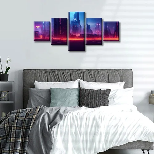 Vista 185 de Cuadros de 5 paneles de Cyberpunk City, arte de pared, representación de vallas publicitarias, edificios modernos en la capital con obras de arte