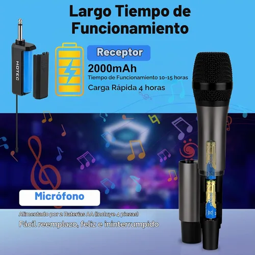 Vista 4 de HOTEC Micrófonos inalámbricos Dual UHF Sistema de micrófono de mano con control de eco/volumen, receptor recargable para karaoke, iglesia, boda
