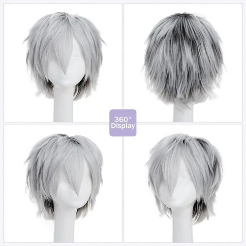 Vista 5 de Pelucas de pelo sintético lacio, corto y esponjoso. Para fiestas de cosplay, anime peluca con pelo despeinado y puntiagudo, para hombre y mujer