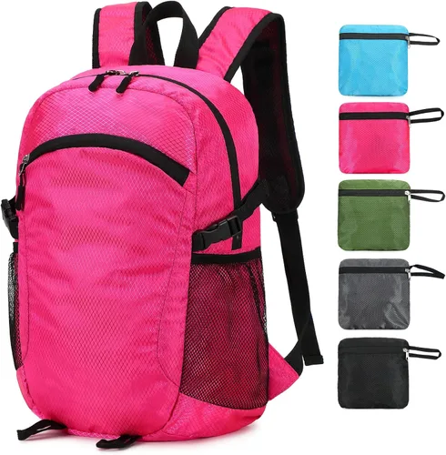 Vista 17 de Mochila pequeña de senderismo para viajes, ligera, plegable, mochila de día resistente al agua, mochilas plegables de 15L para viajes, mujeres, Negro
