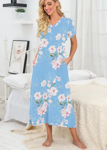 Vista 2 de PrinStory Camisón largo para mujer, camisón de manga corta con cuello en V, ropa de descanso suave, ropa de dormir casual con bolsillos
