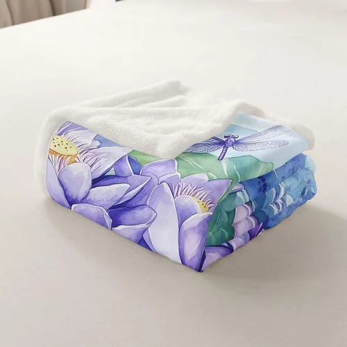Vista 7 de Manfei Manta de flores de loto morado, manta de cama bohemia con libélula para niños, niñas, adultos, manta floral de acuarela para sofá, manta