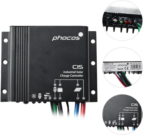 Vista 2 de Phocos Controlador de carga solar IP68 de 10 amperios, regulador de trabajo automático de 12/24 VCC, sistema de luz solar fuera de la rejilla