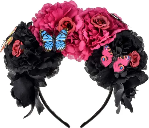 Vista 35 de DreamLily Frida Kahlo NC26 - Diadema con corona de rosas mexicanas para disfraz de fiesta de Halloween