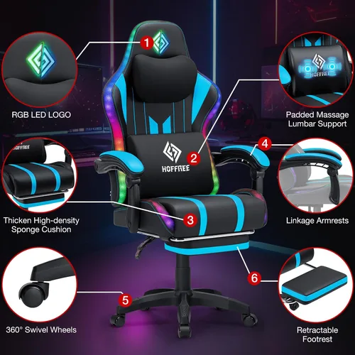 Vista 8 de HOFFREE Silla Gaming con Luces LED RGB de Ritmo Musical y Altavoces Bluetooth Silla Ergonómica de Gaming para Computadora con Masaje y Reposapiés