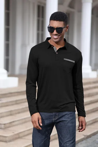 Vista 3 de Polo de algodón clásico de manga larga con botones térmicos y bolsillo para hombre