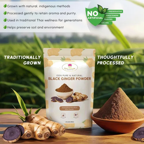 Vista 6 de Ayur Aranya - Polvo de jengibre negro 100% puro, 1.76 oz, polvo de raíz de parviflora Kaempferia, resistencia natural y potenciador de energía