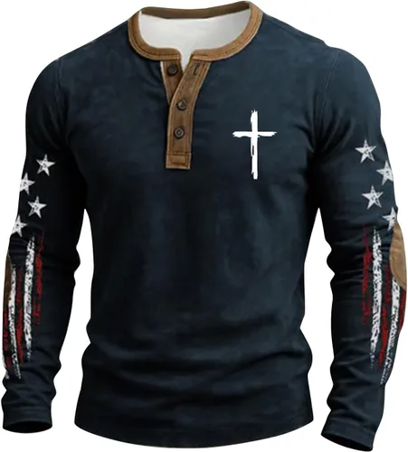 Vista 6 de Camisa Henley con la bandera estadounidense para hombre, cuello en V, manga larga, con estampado de Jesús, camiseta patriótica casual con botones