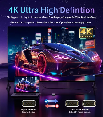 Vista 2 de Reborn Divisor DisplayPort a Dual DisplayPort 4K @60Hz Divisor de puerto de pantalla 1 en 2 salidas para monitor dual Pantalla extendida Fuente DP a