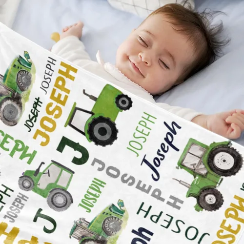 Vista 3 de Manta personalizada de camión tractor con nombre para bebés niños, manta con nombre personalizada de camiones para niños, mantas de franela suave
