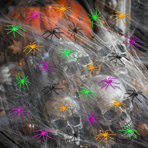 Vista 4 de Labeol 160 arañas falsas, 4 colores realistas de plástico de arañas falsas, accesorios de broma para Halloween, juguetes aterradores para fiestas