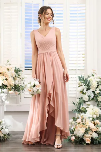 Vista 4 de TIRAS Vestido de dama de honor alto y bajo para mujer, largo fruncido, de gasa, cuello en V, formal, vestido de fiesta de noche con bolsillos CM086