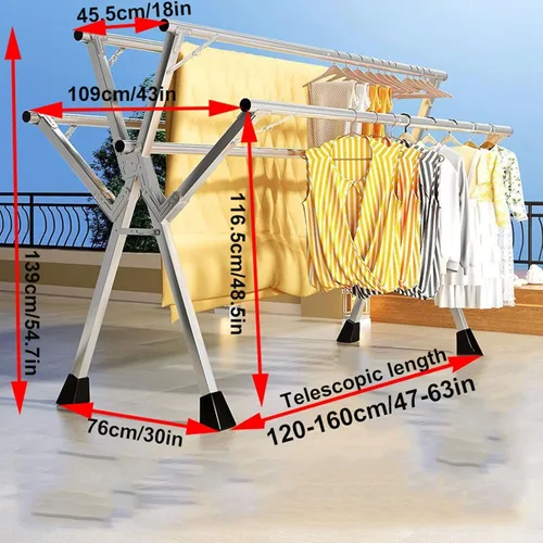Vista 2 de Adjustable Stainless Steel Foldable Clothes Drying Rack, 5-Rod Portable Laundry Stand for Indoor/Outdoor Use, Space-Saving 63Ft Garment Dryer, Ideal