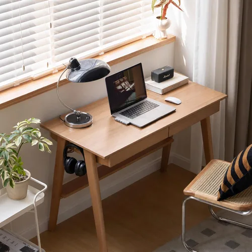 Vista 13 de Escritorio de madera maciza con acabado de nogal, escritorio pequeño para oficina en casa, escritorio de computadora para espacios pequeños
