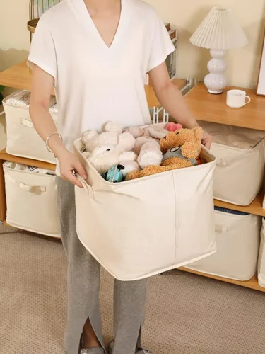 Vista 3 de Canasta decorativa rectangular de tela con asas, organizadora para guardar la ropa