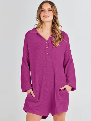 Vista 3 de ANRABESS Enterizo de suéter para mujer, trajes de otoño 2023, a la moda, largo, Henley, cuello en V, overol de punto para descansar