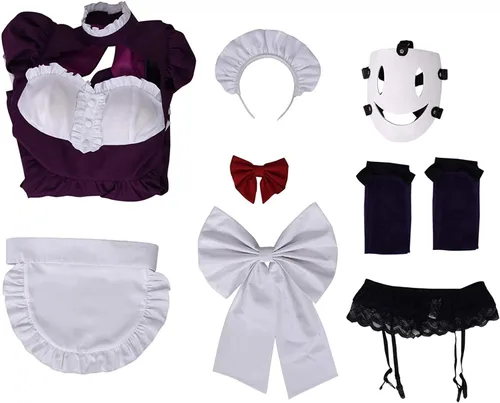 Vista 6 de Disfraz de sirvienta de tiro alto disfraz de Lolita faldas de vestido de Halloween conjunto completo con máscara para mujeres y niñas