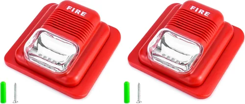 Vista 9 de QWORK Alarma de incendios, 12 / 24 V CC con cable de sonido y luz de alarma de incendios de advertencia estroboscópica de sirena, sensor de sistema