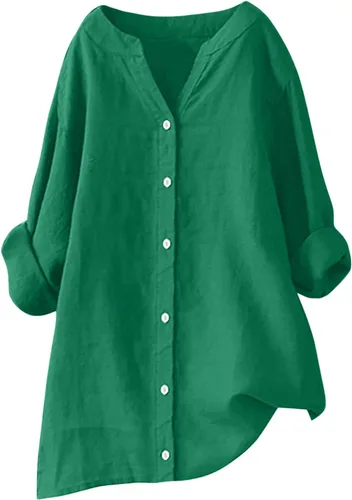 Vista 14 de Camisas de algodón y lino con botones para mujer, cuello en V, manga larga, blusas elegantes y casuales
