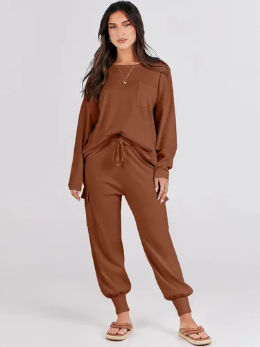 Vista 5 de Caracilia Conjunto de dos piezas para mujer, suéter de punto de manga larga y pantalones deportivos tipo cargo
