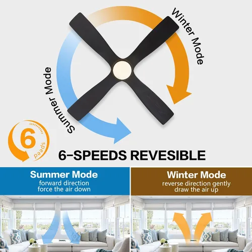 Vista 3 de WINGBO - Ventilador de techo de montaje empotrado de 48 pulgadas con DC, luces y control remoto, 4 aspas talladas reversibles de madera, motor DC