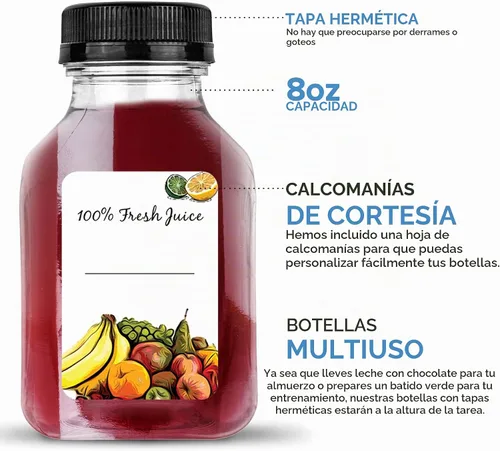 Vista 4 de Botellas de jugo de 8 onzas con tapas, recipientes reutilizables de plástico transparente para bebidas (paquete de 12) - Mini botellas de agua