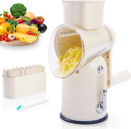 Vista 8 de ENERGEVITY Rallador de queso giratorio manual con asa, triturador de queso de cuchillas inoxidables reemplazables 5 en 1, base de succión fuerte