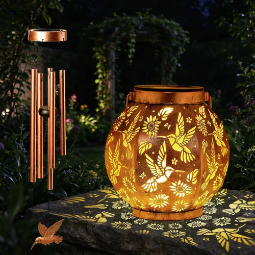 Vista 2 de Carillón de viento solar de colibríes con farol de regalo para mujer Luz de carillón de colibríes