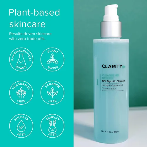 Vista 5 de ClarityRx Limpiar según sea necesario, 10% ácido glicólico exfoliante facial, limpiador facial iluminador natural a base de plantas para una piel