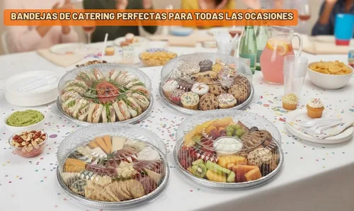 Vista 2 de PACTOGO Bandejas redondas de papel de aluminio planas de 12 pulgadas con tapas de cúpula transparentes, platos desechables apilables para fiestas