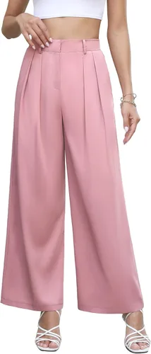 Vista 9 de NIeyook Pantalones de pierna ancha para mujer, pantalones elásticos de cintura alta, pantalones casuales de trabajo de negocios con bolsillos