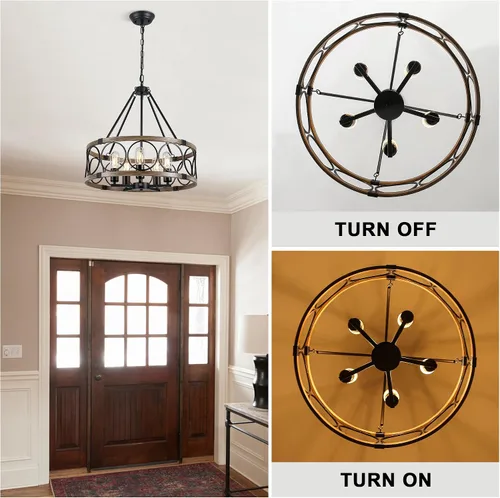 Vista 3 de Candelabro de Granja para Comedor de 5 Luces Negro Rústico de Tambor Candelabros de 20" Textura de Madera Lámpara Colgante Ajustable para Isla