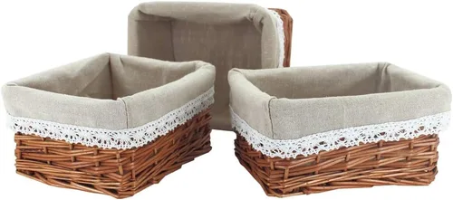 Vista 5 de KINGWILLOW Cesta de almacenamiento de mimbre con forro, 3 unidades, cesta rectangular hecha a mano de sauce pequeña para artículos diversos