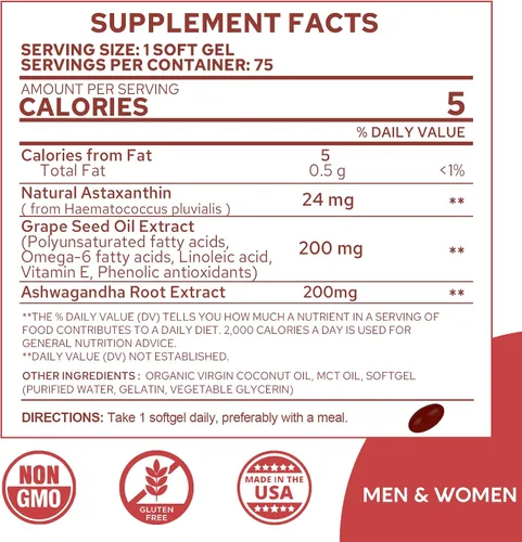 Vista 2 de Suplementos de astaxantina de 24 mg, suministro para 5 meses – Aceite de coco MCT, fuente de microalgas frescas con aceite de semilla de uva