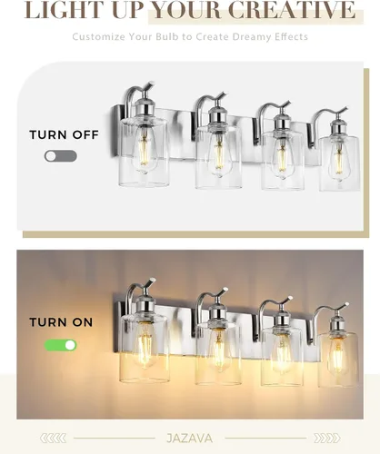 Vista 7 de Lámpara de tocador de baño con 4 luces, aplique de pared de níquel cepillado, lámpara de baño moderna con vidrio transparente, VL01BN-4 Níquel