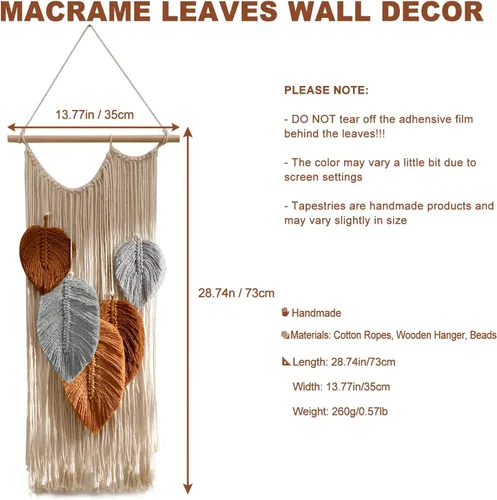 Vista 4 de Tapiz de hojas de macramé para decoración de pared, tapices tejidos bohemios, arte de pared de hojas de otoño, grandes borlas bohemias, adorno