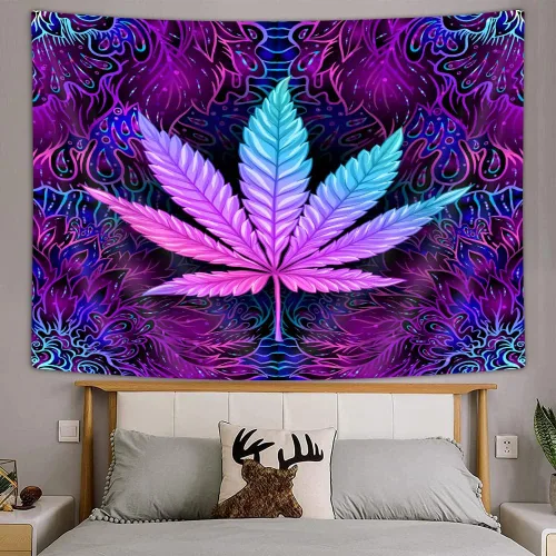 Vista 4 de Ptrxobj Tapiz de hojas mágicas, fresco Trippy neón morado teñido anudado, tapiz para colgar en la pared para dormitorio de hombres, tapiz hippie
